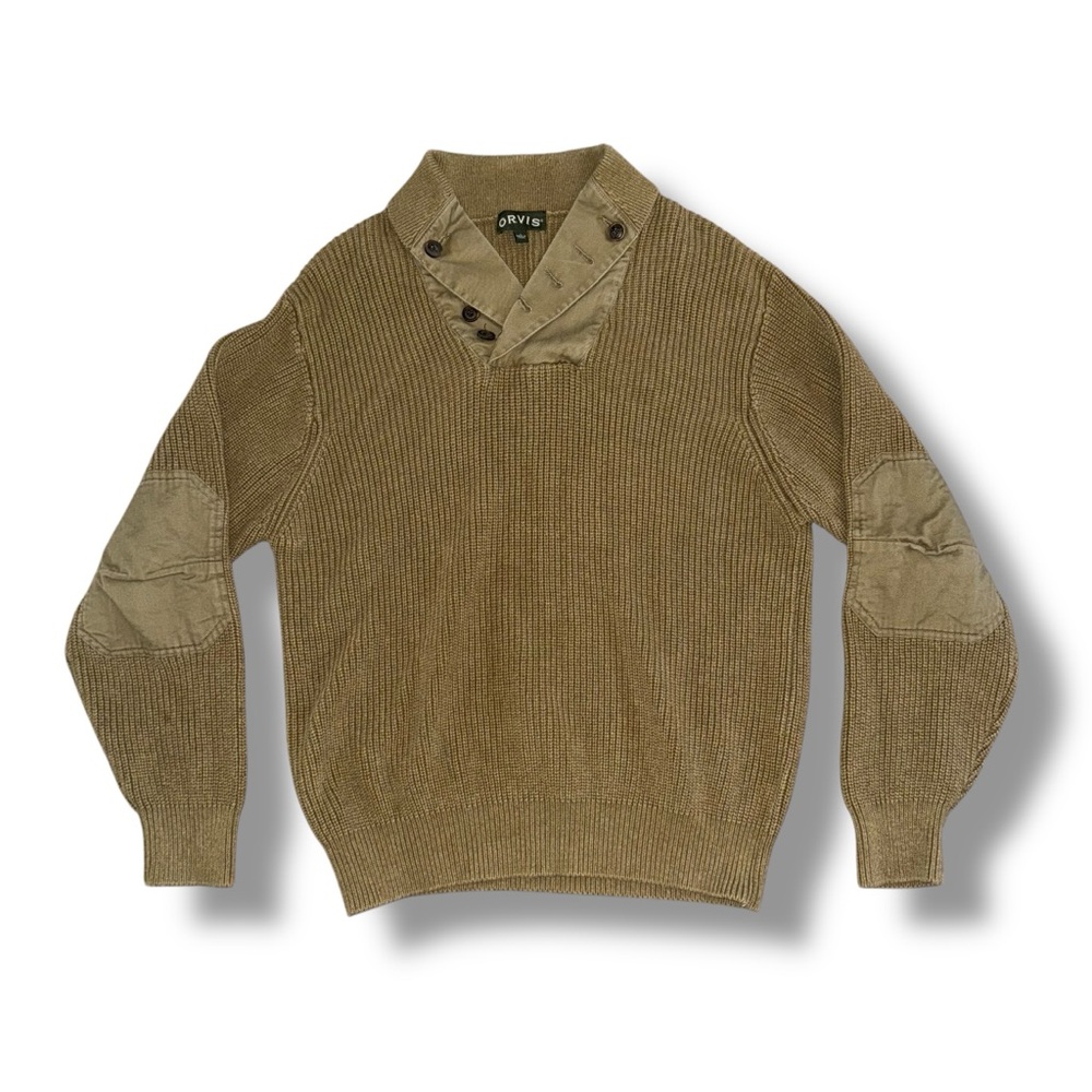 Orvis Mens Sweater Khaki Large Military WWII Mechanic Commando Elbow Patches - Picture 1 of 6